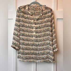 Banana Republic Women Blouse Shirt Size Small Paris Theme Lightweight Sheer Work